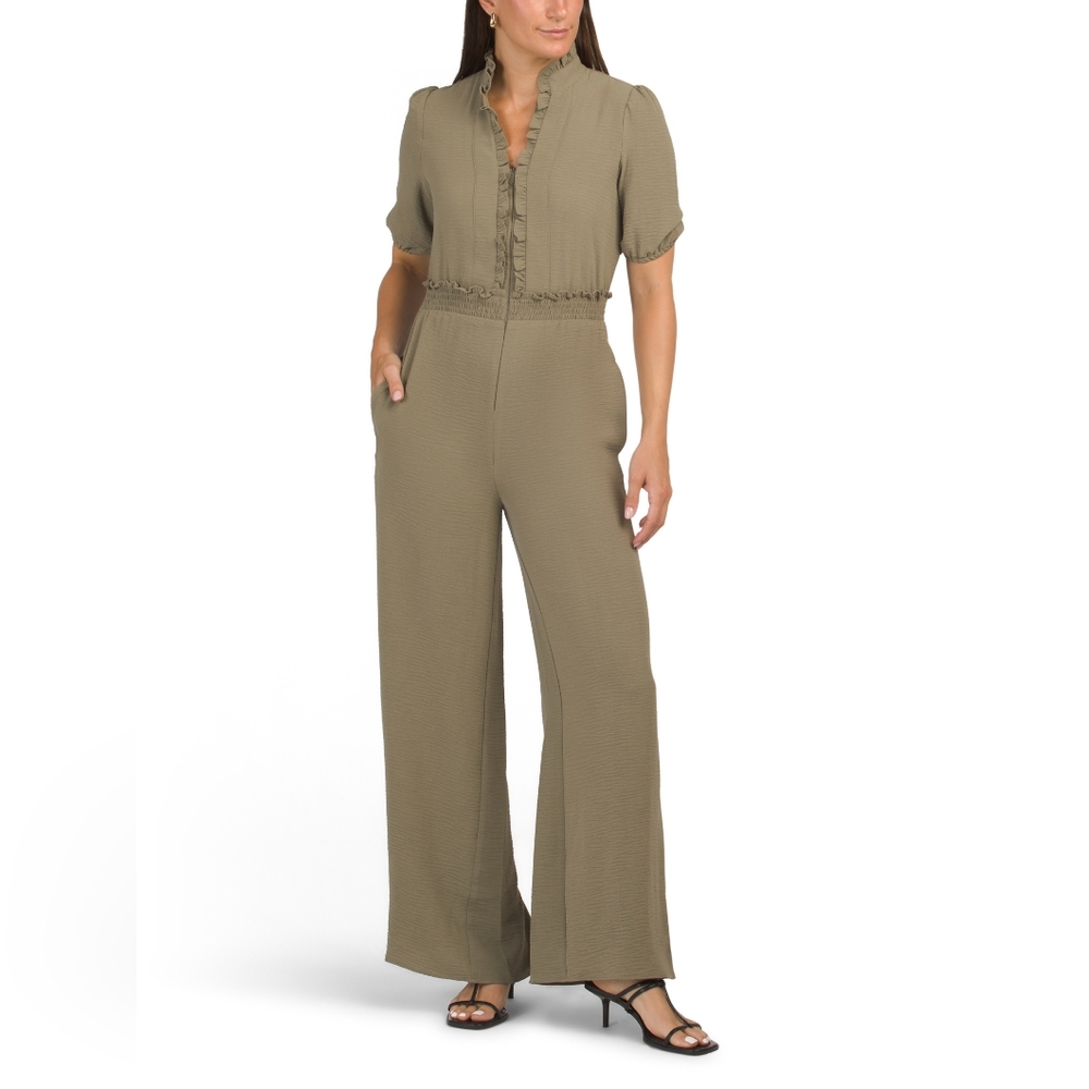 NWT - London Times Puff Sleeve Smocked Waist Ruffle Trim Olive Jumpsuit -Size 16
